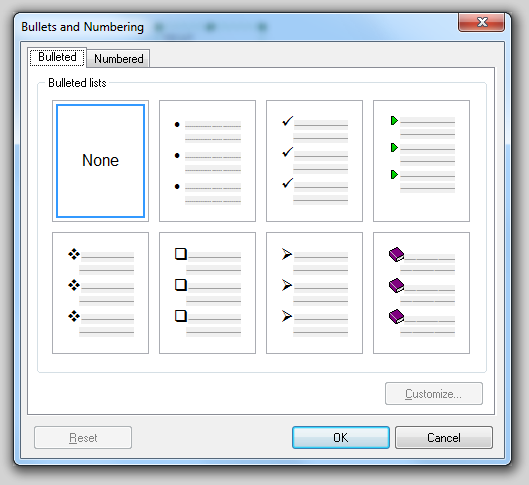 图 6.3  Bullets and Numbering Dialog (项目符号和编号对话框)
